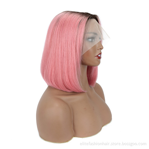 Short Human Hair Straight bob Wig 150% Density Brazilian Virgin hair T1B hot pink T part Lace Front Wig Human Hair for Women